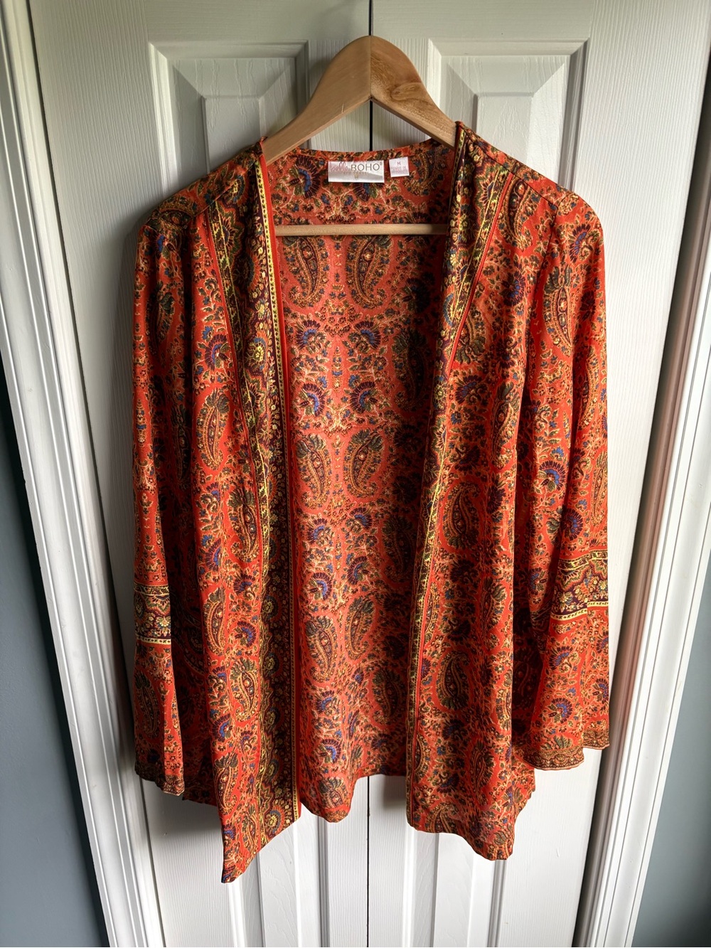 Belle Boho Kim Gravel Womens Orange Paisley Open Cardigan Kimono Size Medium